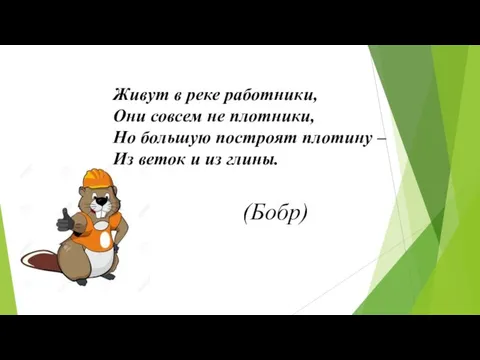 Живут в реке работники, Они совсем не плотники, Но большую построят плотину