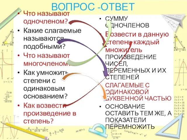 ВОПРОС -ОТВЕТ Что называют одночленом? Какие слагаемые называются подобными? Что называют многочленом?