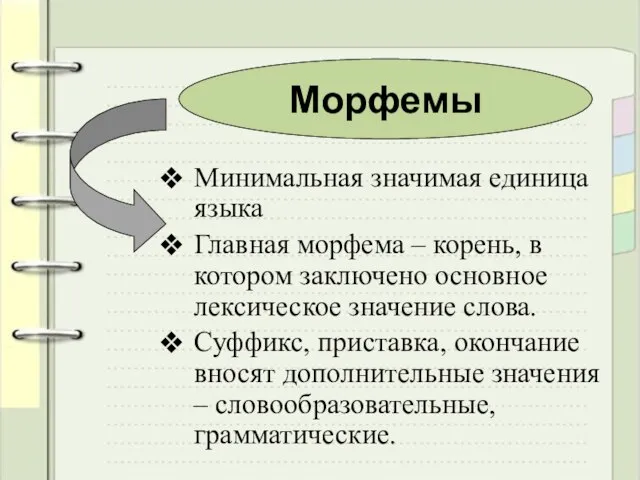 Минимальная значимая единица языка Главная морфема – корень, в котором заключено основное