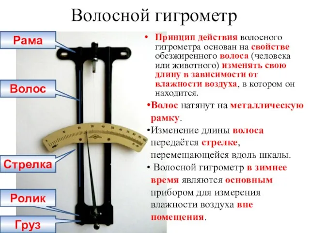 Волосной гигрометр Принцип действия волосного гигрометра основан на свойстве обезжиренного волоса (человека