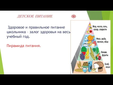 ДЕТСКОЕ ПИТАНИЕ Здоровое и правильное питание школьника – залог здоровья на весь учебный год. Пирамида питания.