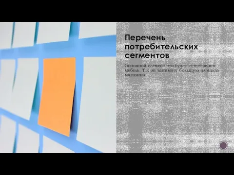 Перечень потребительских сегментов Основной сегмент это будет естественно мебель. Т.к он занимает большую площадь магазина.