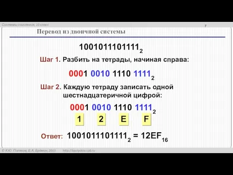 Перевод из двоичной системы Шаг 1. Разбить на тетрады, начиная справа: 0001