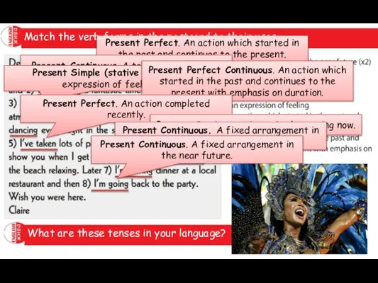 Match the verb forms in the postcard to their uses. Present Perfect.