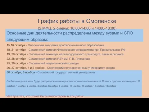 Основные дни деятельности распределены между вузами и СПО следующим образом: 15,16 октября