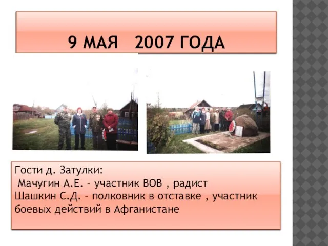 9 МАЯ 2007 ГОДА Гости д. Затулки: Мачугин А.Е. – участник ВОВ