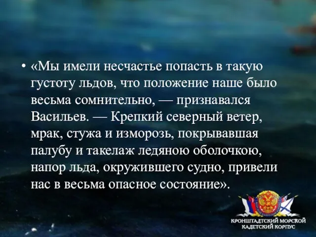 «Мы имели несчастье попасть в такую густоту льдов, что положение наше было