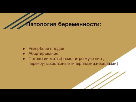 Патология беременности: Резорбция плодов Абортирование Патологии матки( гемо гигро муко пио ,перекруты,кистозные гиперплазии,неоплазии)