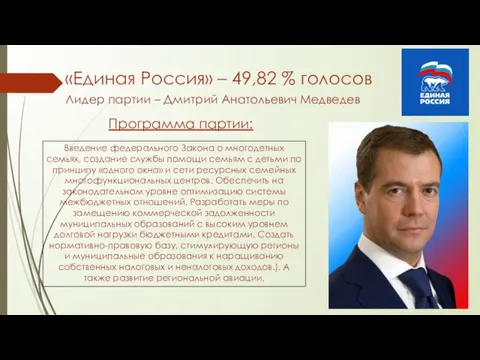«Единая Россия» – 49,82 % голосов Лидер партии – Дмитрий Анатольевич Медведев