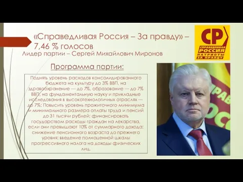 «Справедливая Россия – За правду» – 7,46 % голосов Лидер партии –