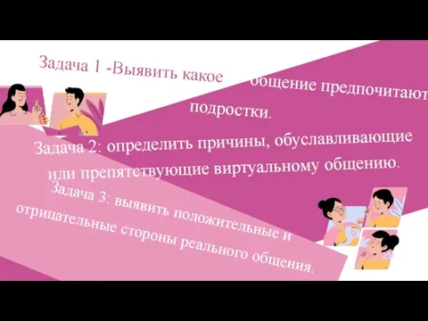 Задача 1 -Выявить какое общение предпочитают подростки. Задача 2: определить причины, обуславливающие