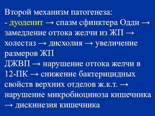 Второй механизм патогенеза: - дуоденит → спазм сфинктера Одди → замедление оттока