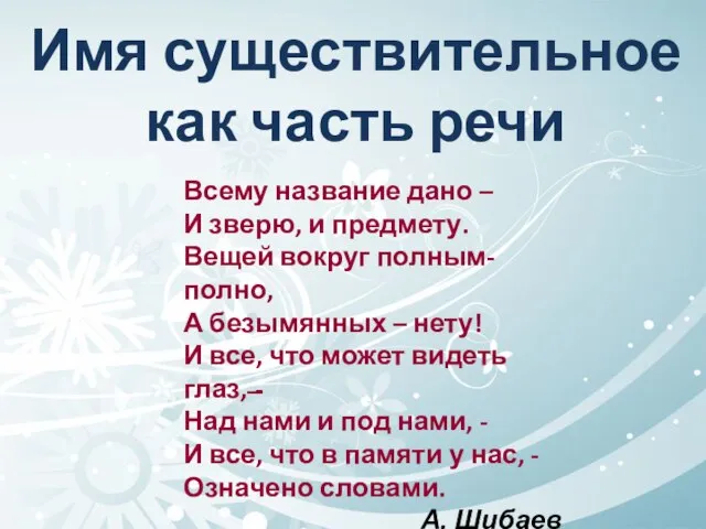 Имя существительное как часть речи Всему название дано – И зверю, и