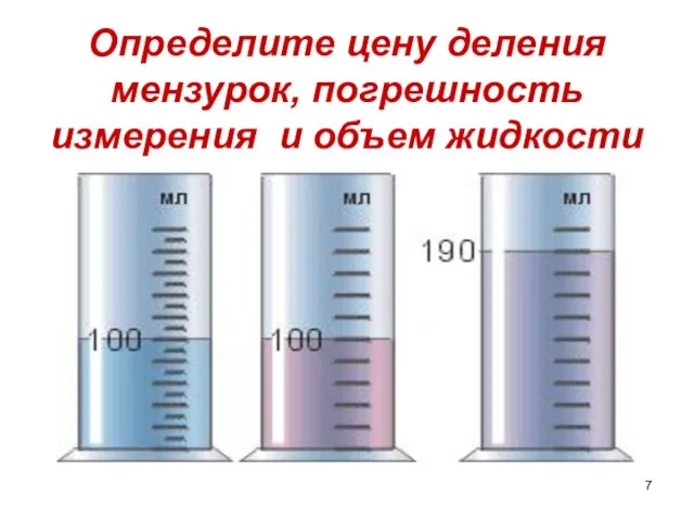 Определите цену деления мензурок, погрешность измерения и объем жидкости