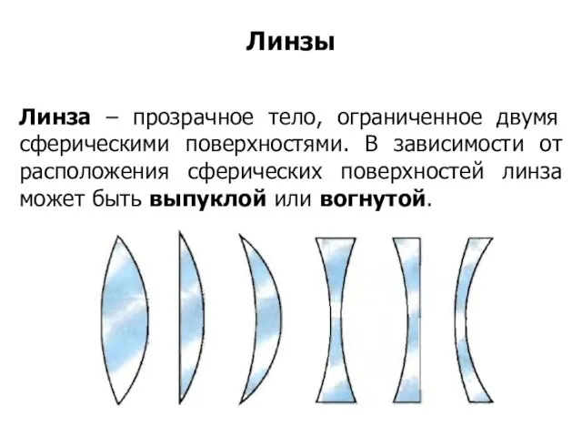 Линза – прозрачное тело, ограниченное двумя сферическими поверхностями. В зависимости от расположения