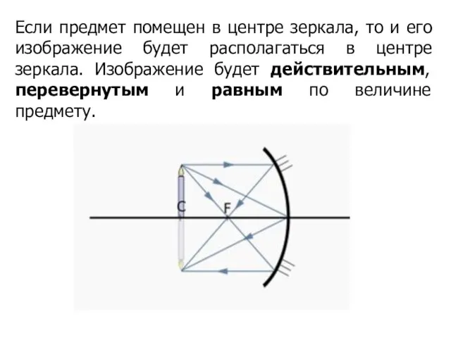 Если предмет помещен в центре зеркала, то и его изображение будет располагаться