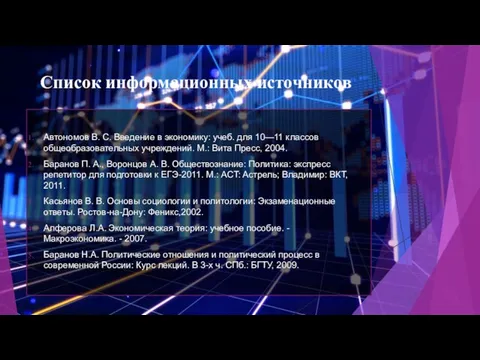 Список информационных источников Автономов В. С. Введение в экономику: учеб. для 10—11