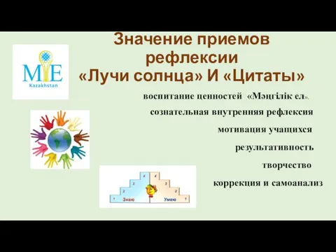 Значение приемов рефлексии «Лучи солнца» И «Цитаты» воспитание ценностей «Мәңгілік ел». сознательная