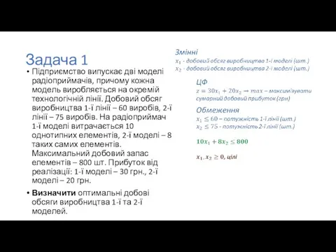 Задача 1 Підприємство випускає дві моделі радіоприймачів, причому кожна модель виробляється на