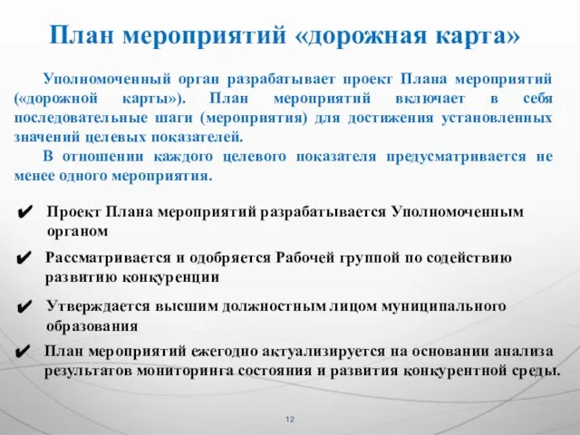 План мероприятий «дорожная карта» Уполномоченный орган разрабатывает проект Плана мероприятий («дорожной карты»).