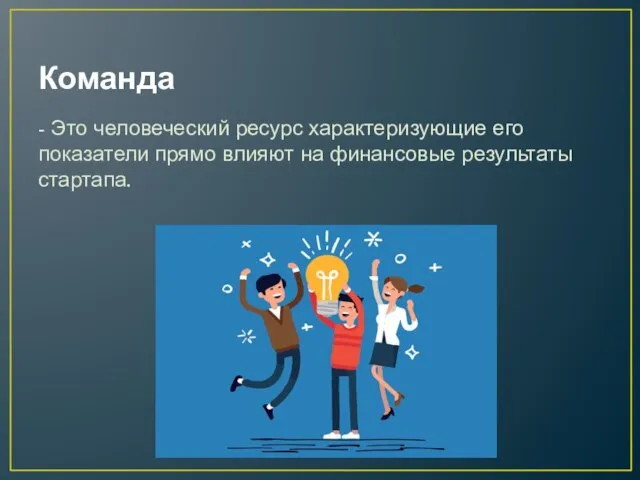 Команда - Это человеческий ресурс характеризующие его показатели прямо влияют на финансовые результаты стартапа.