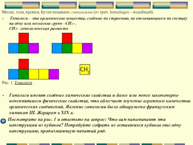 Метан, этан, пропан, бутан называют гомологами (от греч. homologos – подобный). Гомологи