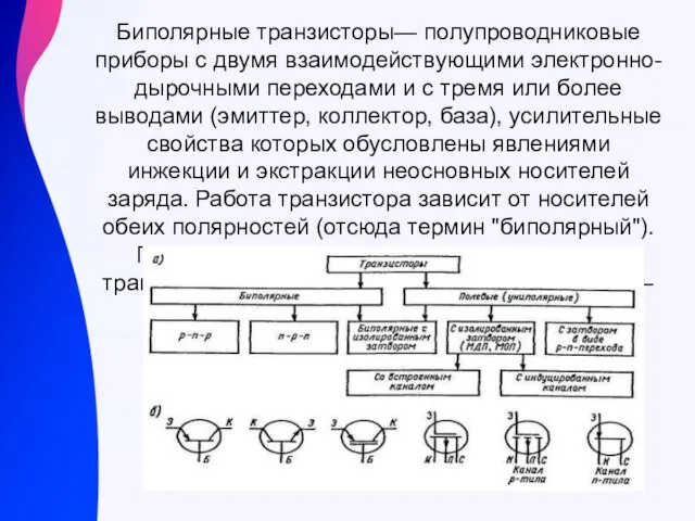 Биполярные транзисторы— полупроводниковые приборы с двумя взаимодействующими электронно-дырочными переходами и с тремя