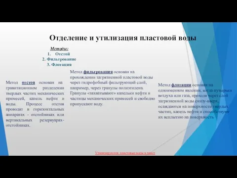 Отделение и утилизация пластовой воды Метод отстоя основан на гравитационном разделении твердых