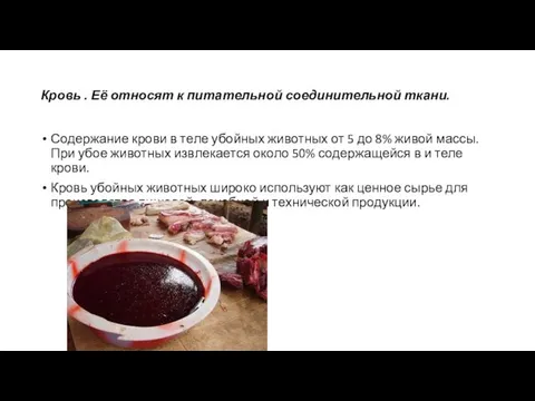 Кровь . Её относят к питательной соединительной ткани. Содержание крови в теле