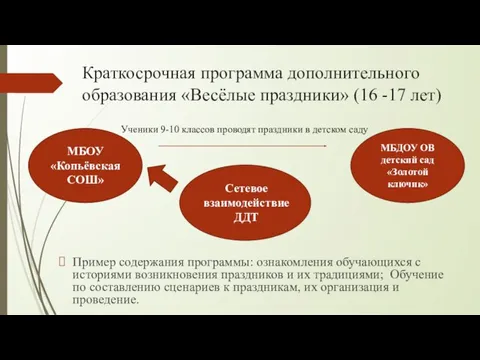 Краткосрочная программа дополнительного образования «Весёлые праздники» (16 -17 лет) Пример содержания программы: