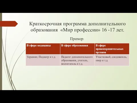 Краткосрочная программа дополнительного образования «Мир профессии» 16 -17 лет. Пример: