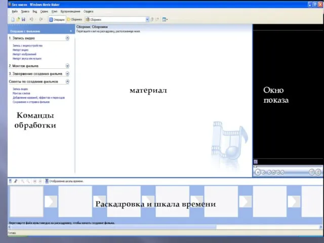 Окно показа Материал Раскадровка и шкала времени Команды обработки файлов материал