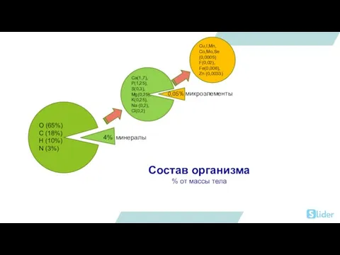 Состав организма % от массы тела Ca(1,7), P(1,25), S(0,3), Mg(0,25), K(0,25), Na