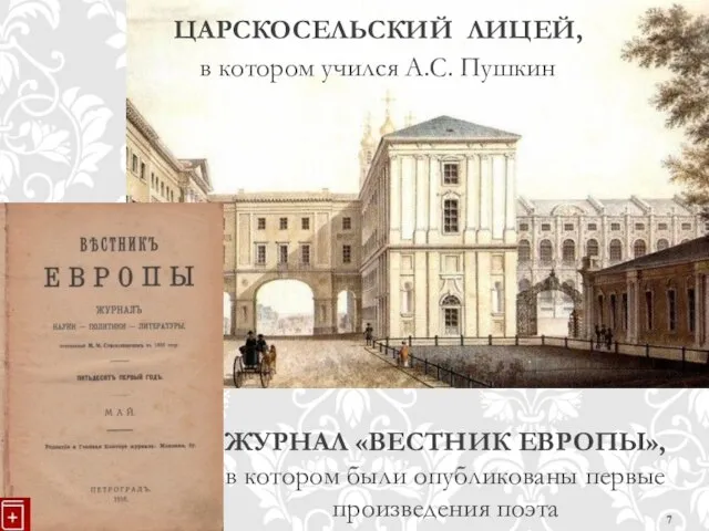 ЦАРСКОСЕЛЬСКИЙ ЛИЦЕЙ, в котором учился А.С. Пушкин ЖУРНАЛ «ВЕСТНИК ЕВРОПЫ», в котором