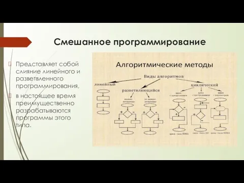 Смешанное программирование Представляет собой слияние линейного и разветвленного программирования, в настоящее время