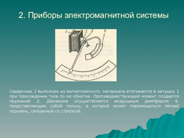 2. Приборы электромагнитной системы Сердечник 3 выполнен из магнитомягкого материала втягивается в