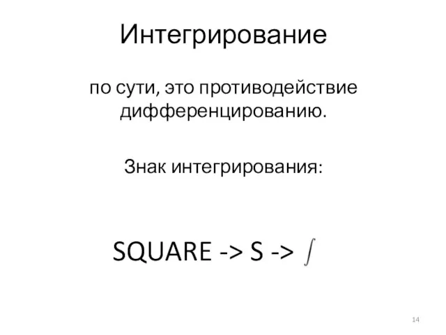 Интегрирование по сути, это противодействие дифференцированию. Знак интегрирования: SQUARE -> S ->