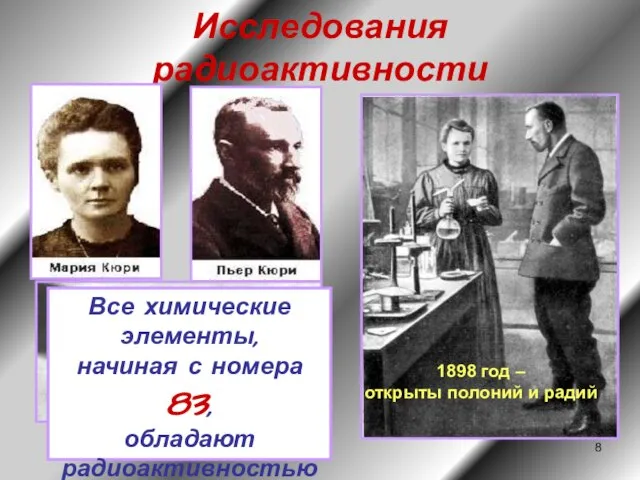 Исследования радиоактивности 1898 год – открыты полоний и радий Все химические элементы,