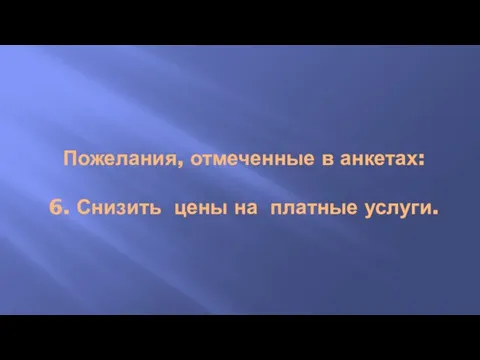 Пожелания, отмеченные в анкетах: 6. Снизить цены на платные услуги.