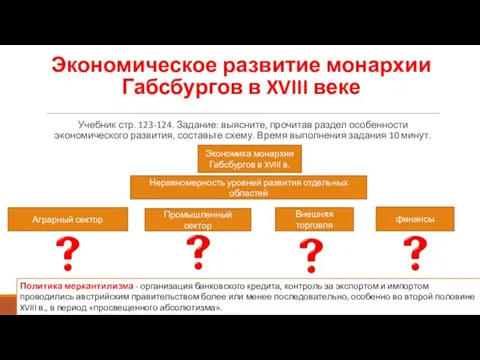 Экономическое развитие монархии Габсбургов в XVIII веке Учебник стр. 123-124. Задание: выясните,