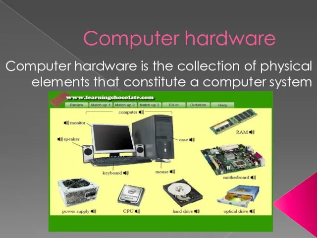 Computer hardware Computer hardware is the collection of physical elements that constitute a computer system