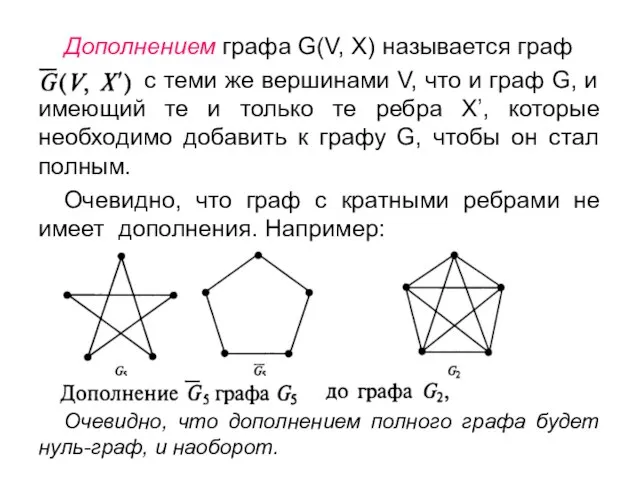 Дополнением графа G(V, X) называется граф с теми же вершинами V, что