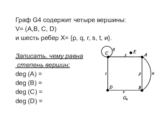 Граф G4 содержит четыре вершины: V= (A,В, С, D) и шесть ребер