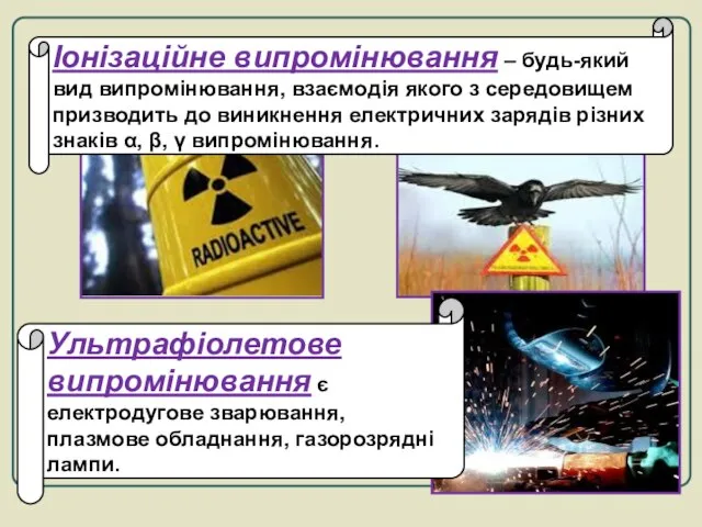 Іонізаційне випромінювання – будь-який вид випромінювання, взаємодія якого з середовищем призводить до