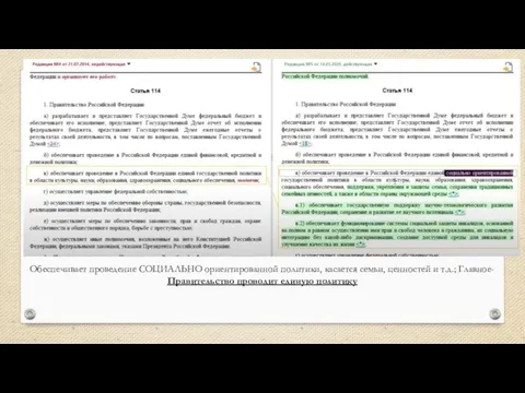 Обеспечивает проведение СОЦИАЛЬНО ориентированной политики, касается семьи, ценностей и т.д.; Главное- Правительство проводит единую политику