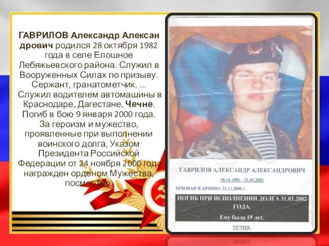 ГАВРИЛОВ Александр Александрович родился 28 октября 1982 года в селе Елошное Лебяжьевского