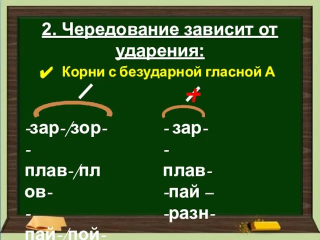 2. Чередование зависит от ударения: Корни с безударной гласной А -зар-/зор- -плав-/плов-