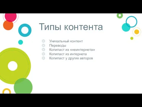 Типы контента Уникальный контент Переводы Копипаст из «неинтернета» Копипаст из интернета Копипаст у других авторов