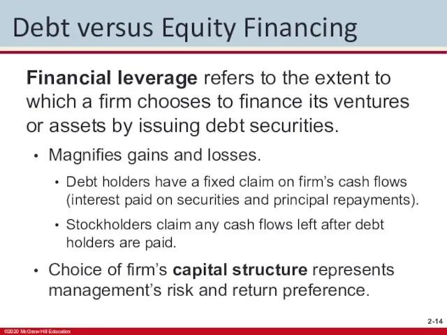 Debt versus Equity Financing Financial leverage refers to the extent to which