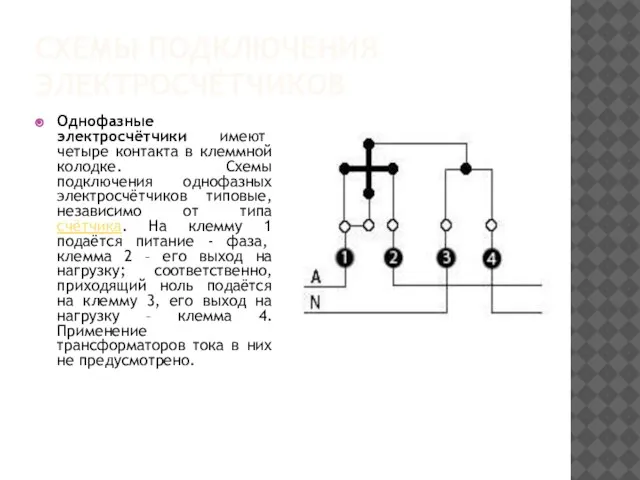 СХЕМЫ ПОДКЛЮЧЕНИЯ ЭЛЕКТРОСЧЁТЧИКОВ Однофазные электросчётчики имеют четыре контакта в клеммной колодке. Схемы